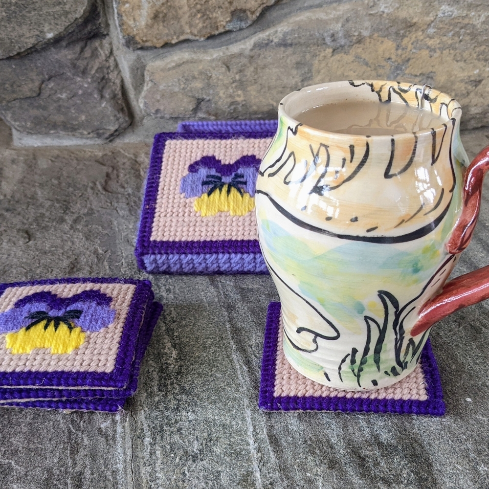 Vintage Handmade Needlepoint Coasters Purple Pansies Retro MCM